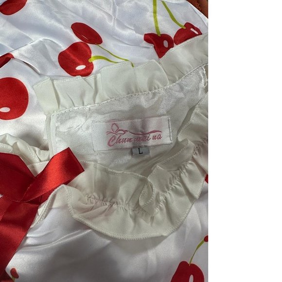 White Red Cherry Cherries Satin top ruffle short mini dress NWOT - Picture 4 of 4